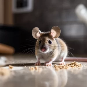 a mouse eating crumbs on a dirty countertop