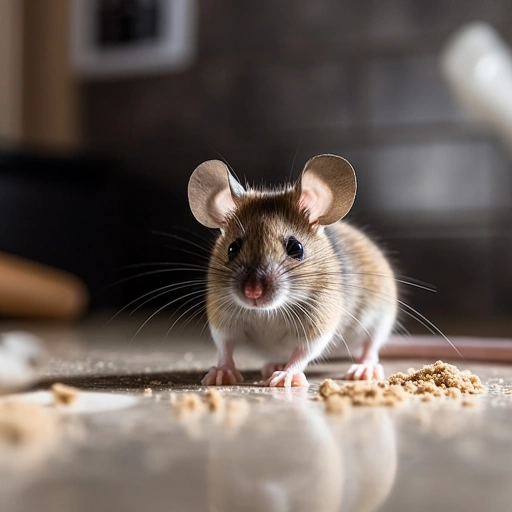 a mouse eating crumbs on a dirty countertop