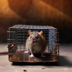 A rat sitting in an old school rat trap