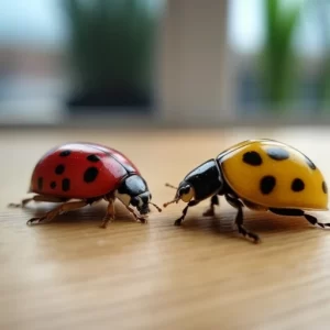 a yellow and a red ladybug next to eachother