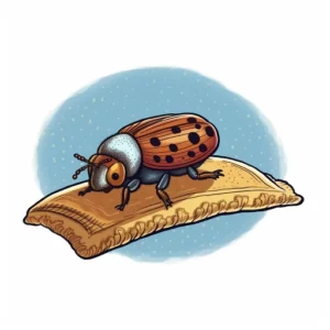 Cartoon of a carpet beetle on a flying carpet